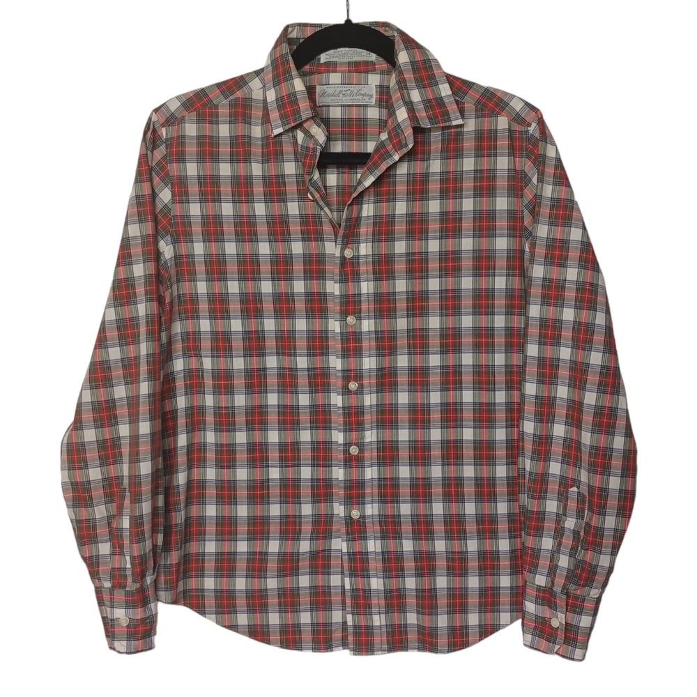 VTG MARSHALL FIELD & COMPANY Red Cream Blue Plaid Print Button Front Shirt 14